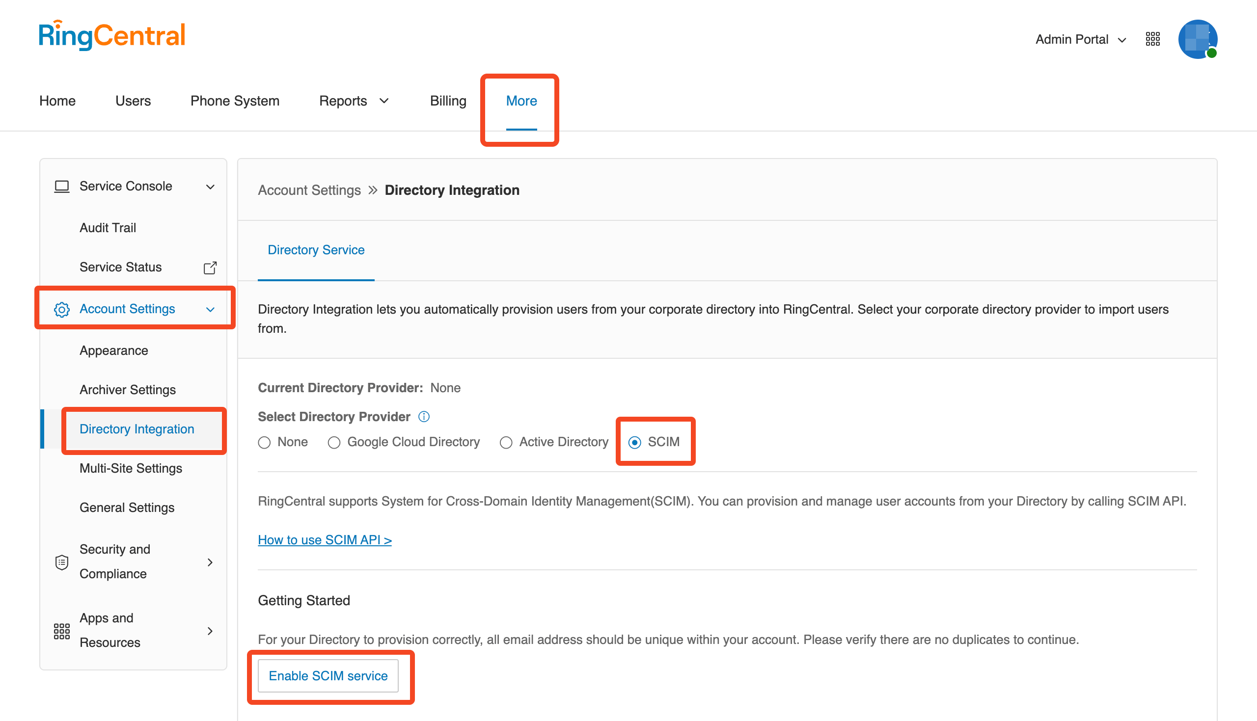 RingCentral Directory Integration settings with SCIM selected and Enable SCIM service highlighted