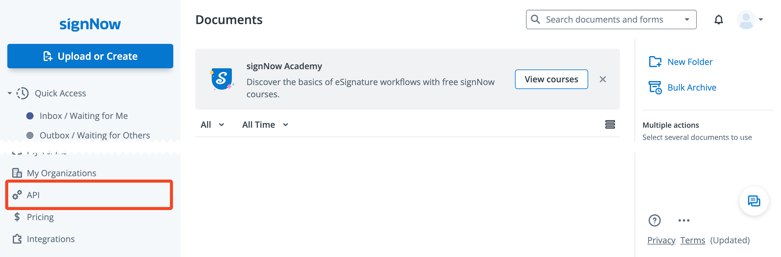 signNow navigation with API selected