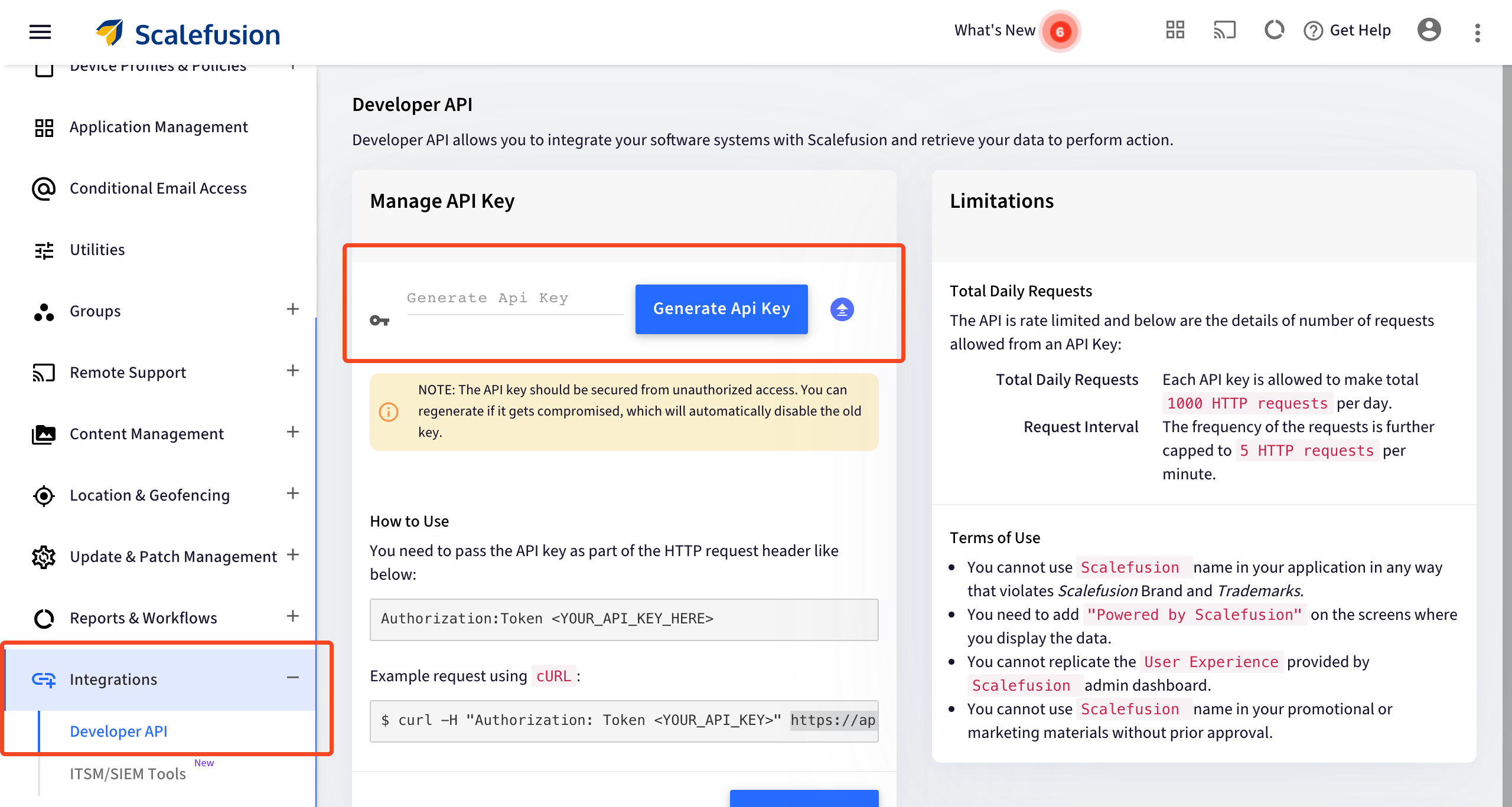 Scalefusion Developer API page with Generate API Key selected