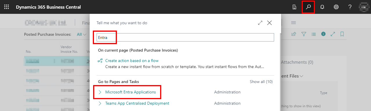 Business Central search with Microsoft Entra Applications selected