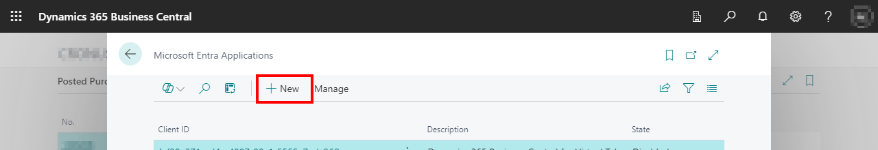 Business Central Microsoft Entra Applications page with New selected