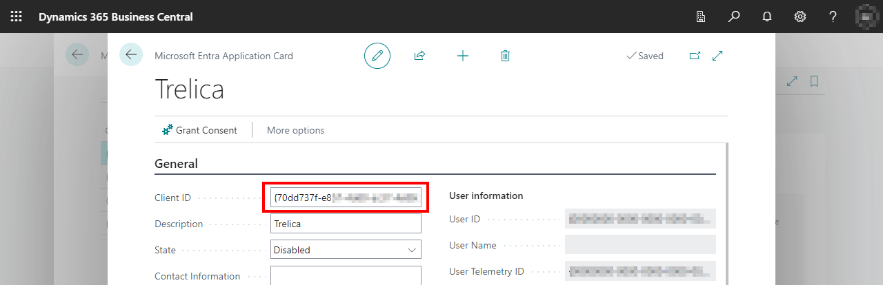 Business Central Entra application form with Client ID field