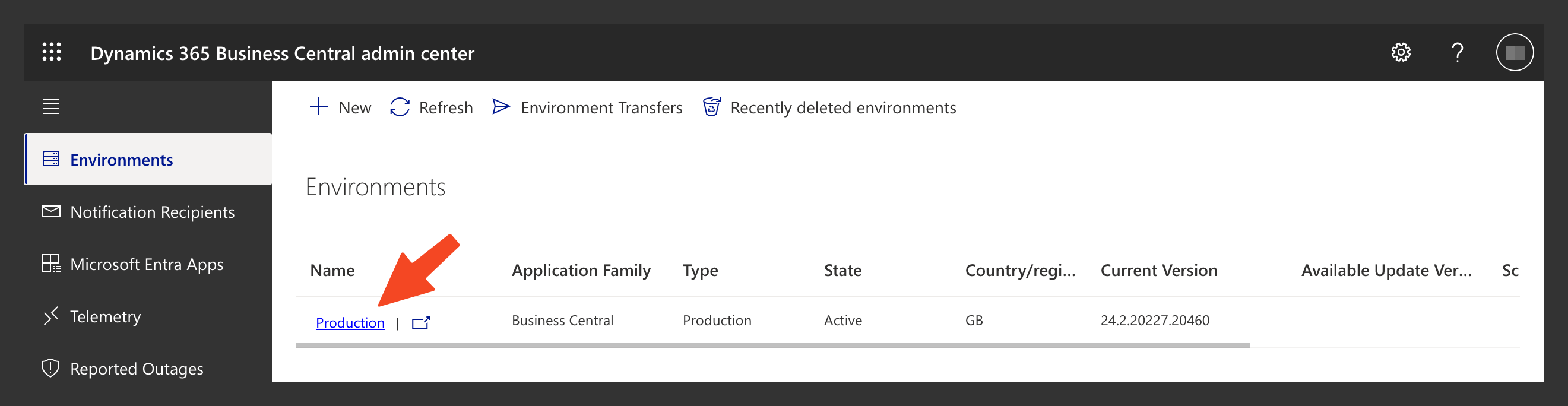 Business Central Admin Center environment list