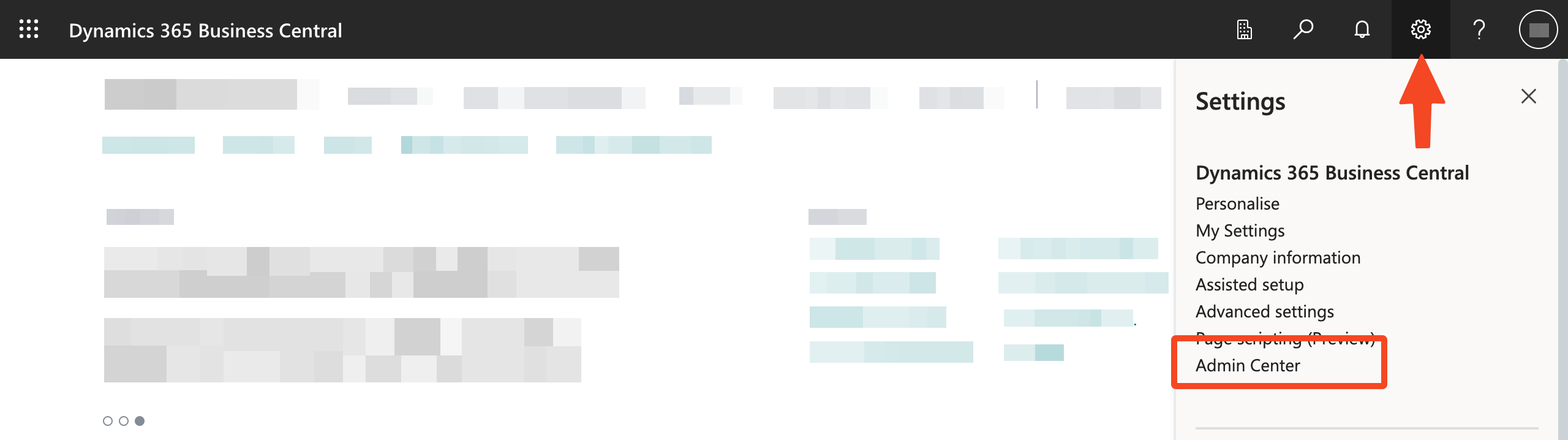 Business Central settings menu with Admin Center selected