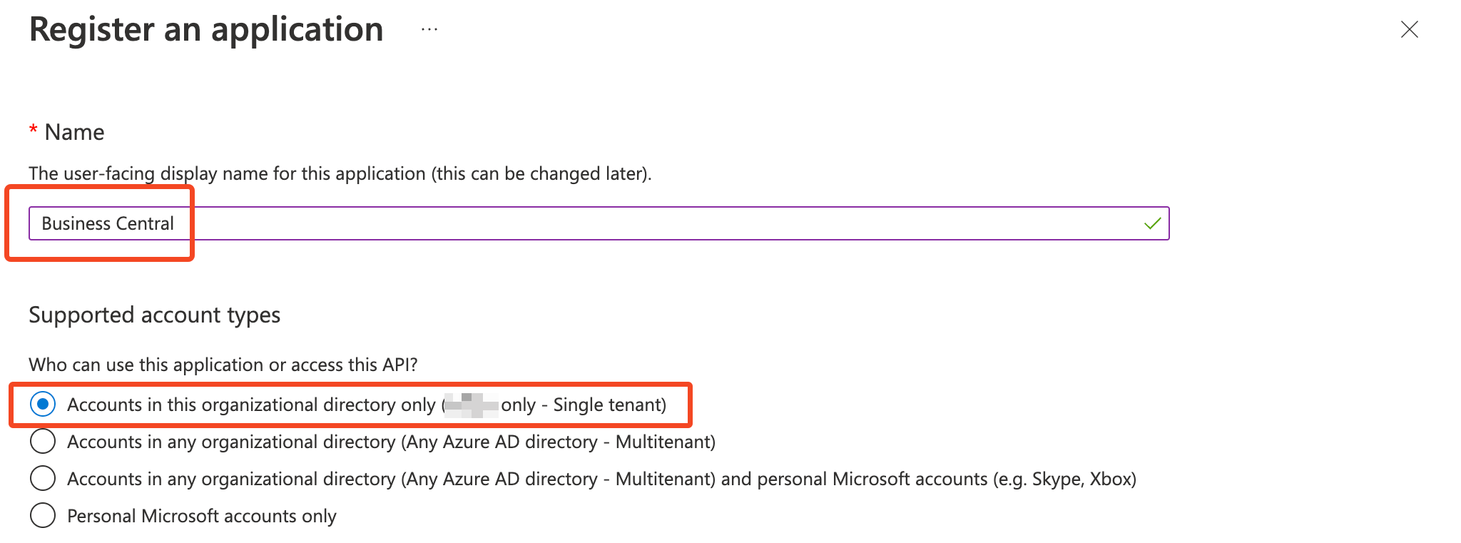 Azure app registration form with single-tenant account type