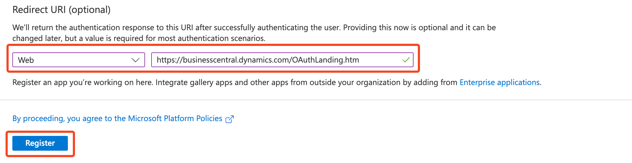 Azure app registration redirect URI configured for Business Central