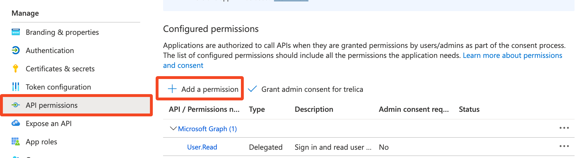 Azure API permissions page with Add a permission selected
