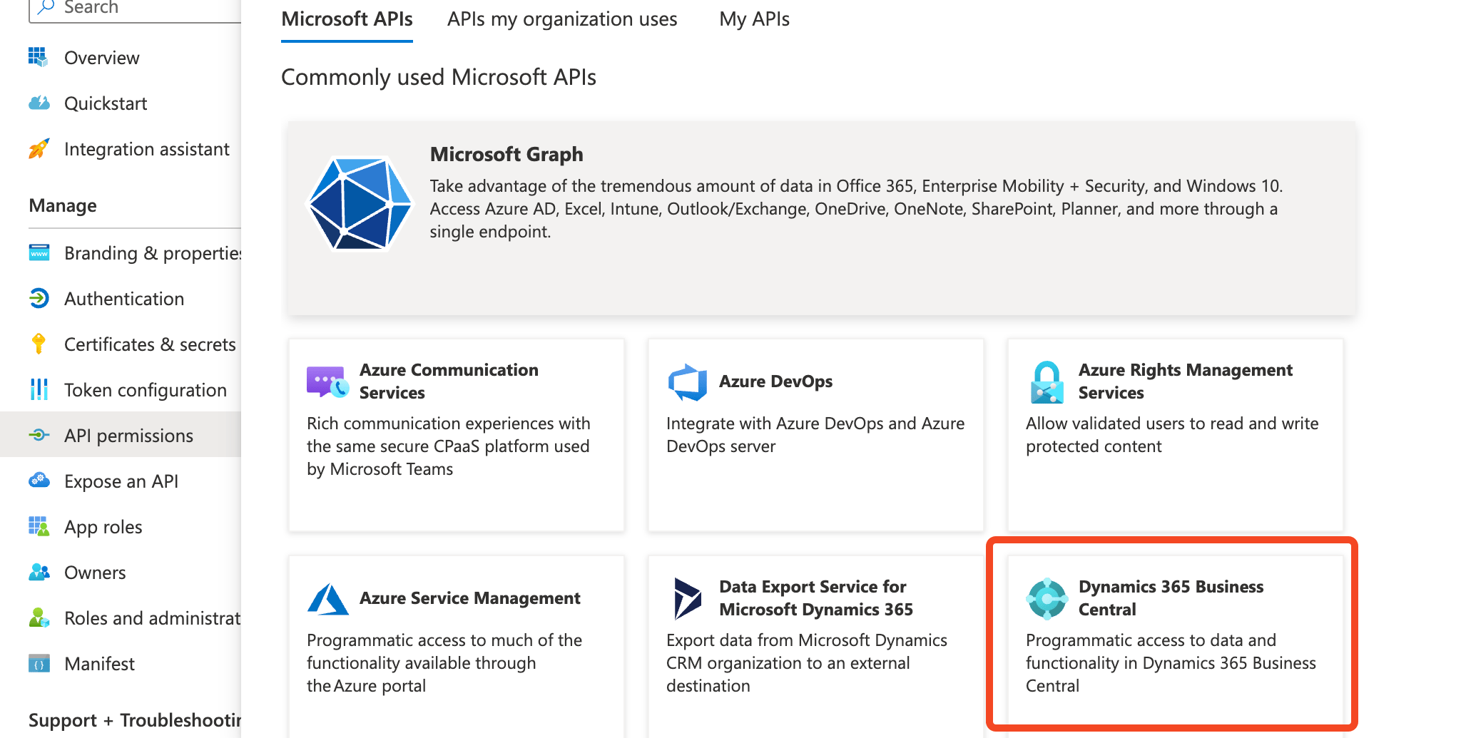 Azure Microsoft APIs list with Dynamics 365 Business Central selected