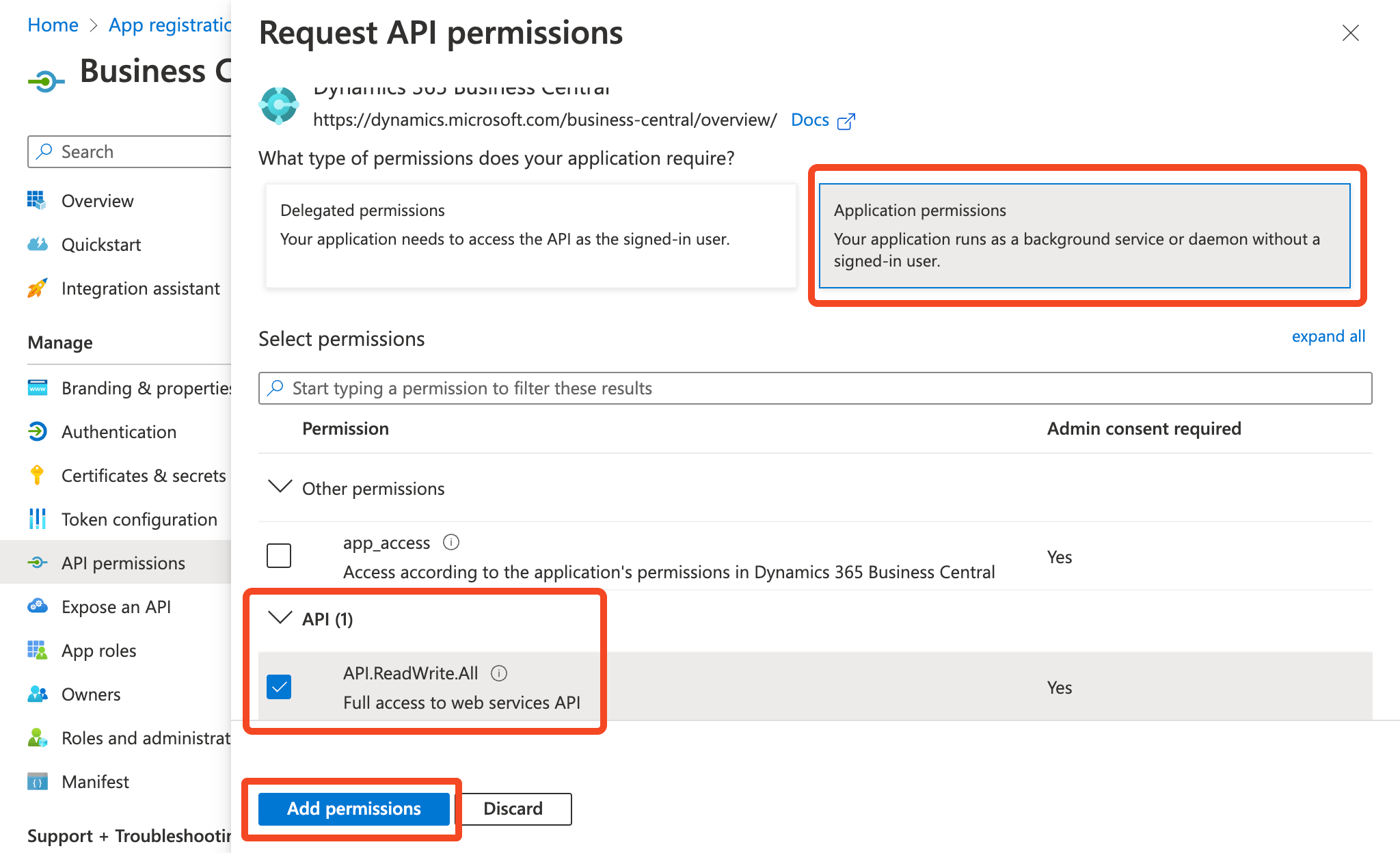 Azure Business Central application permissions with API.ReadWrite.All selected