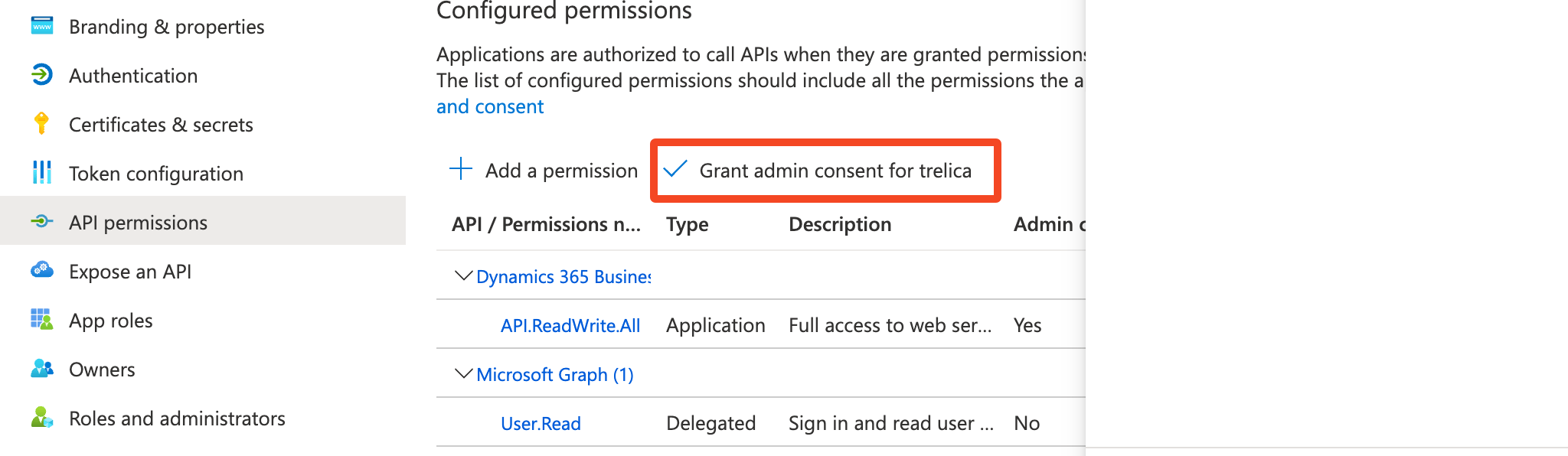 Azure API permissions page with Grant admin consent selected