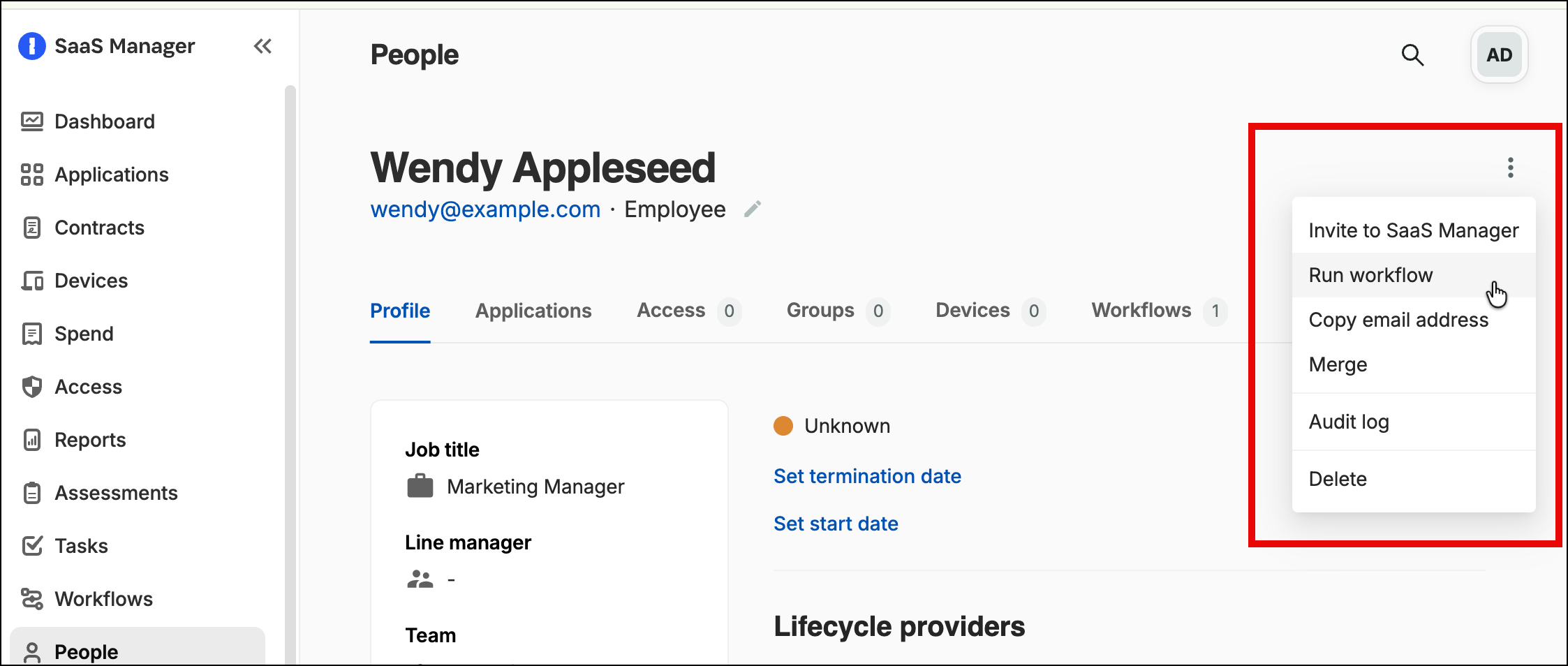 SaaS Manager person profile with the context menu open and Run workflow highlighted