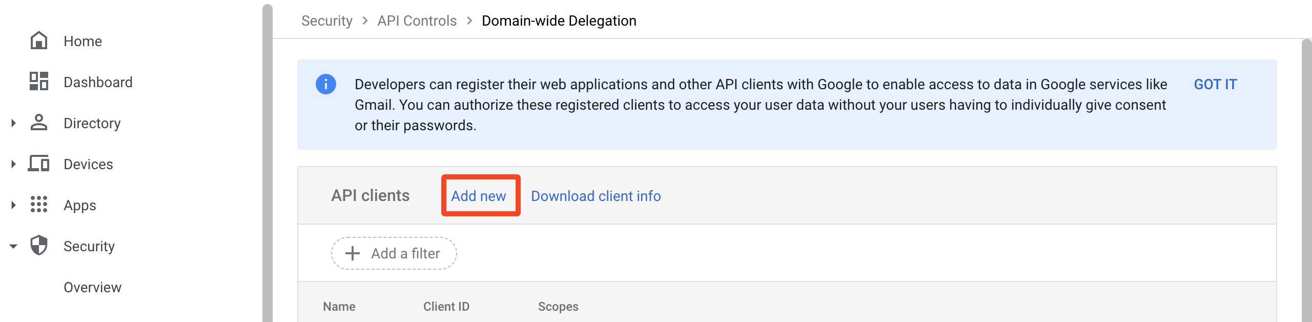 Google Admin domain-wide delegation controls with Add New selected