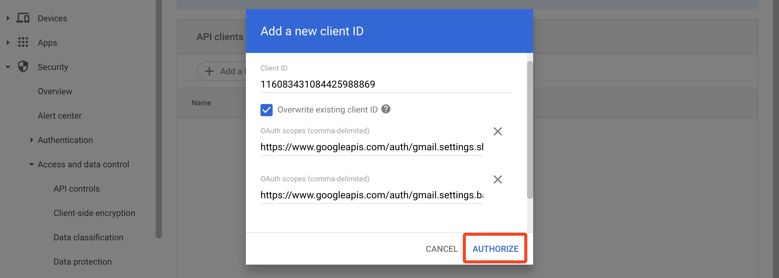 Google Admin domain-wide delegation client ID and OAuth scope form