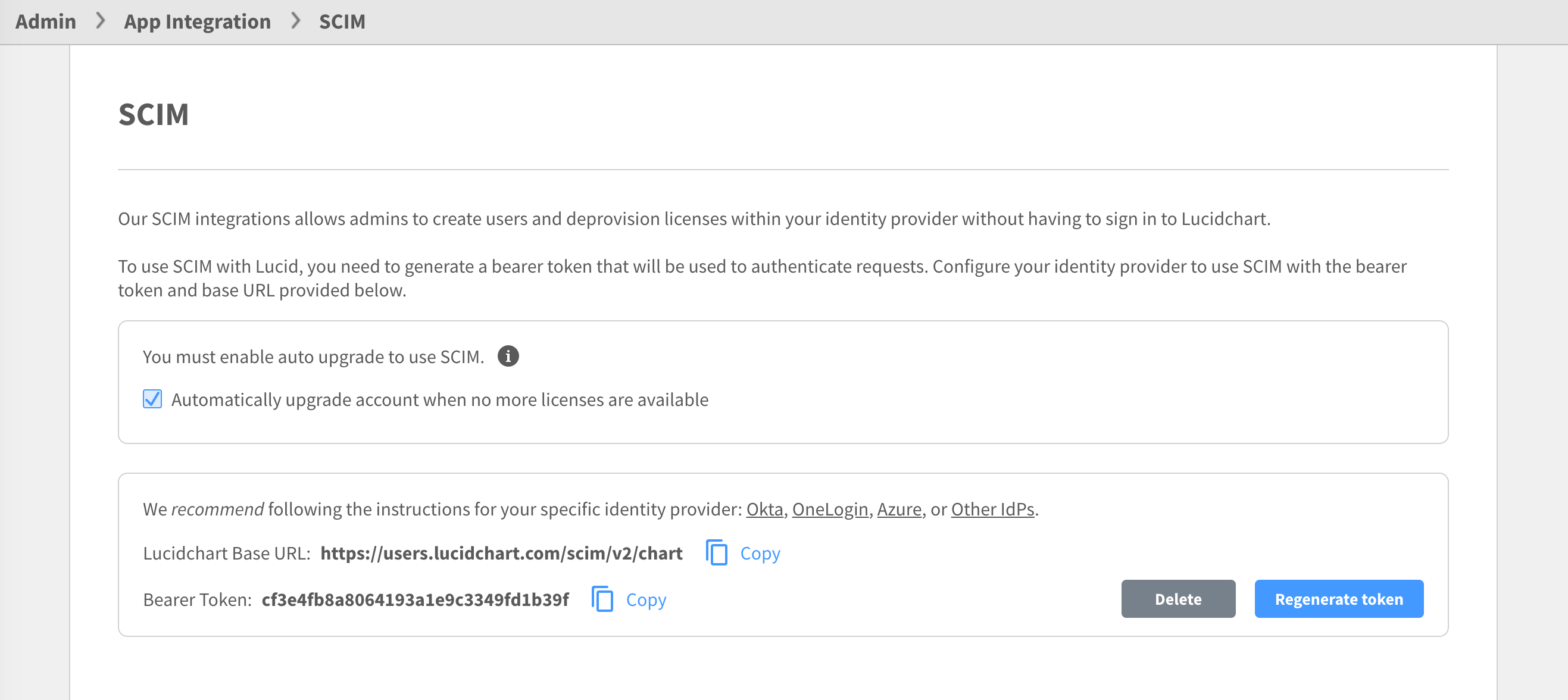 Lucid SCIM settings showing the bearer token and Regenerate token button
