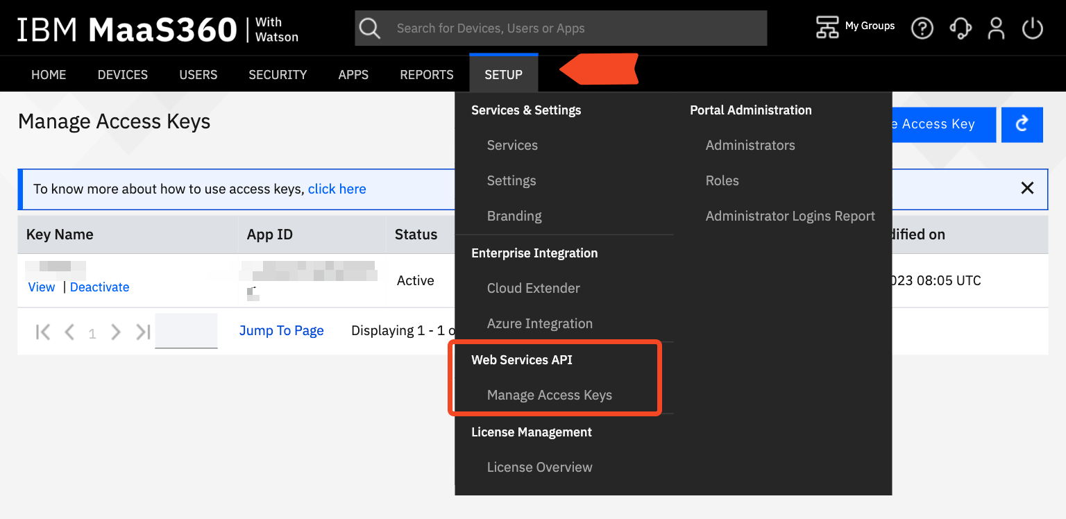 IBM MaaS360 Manage Access Keys page