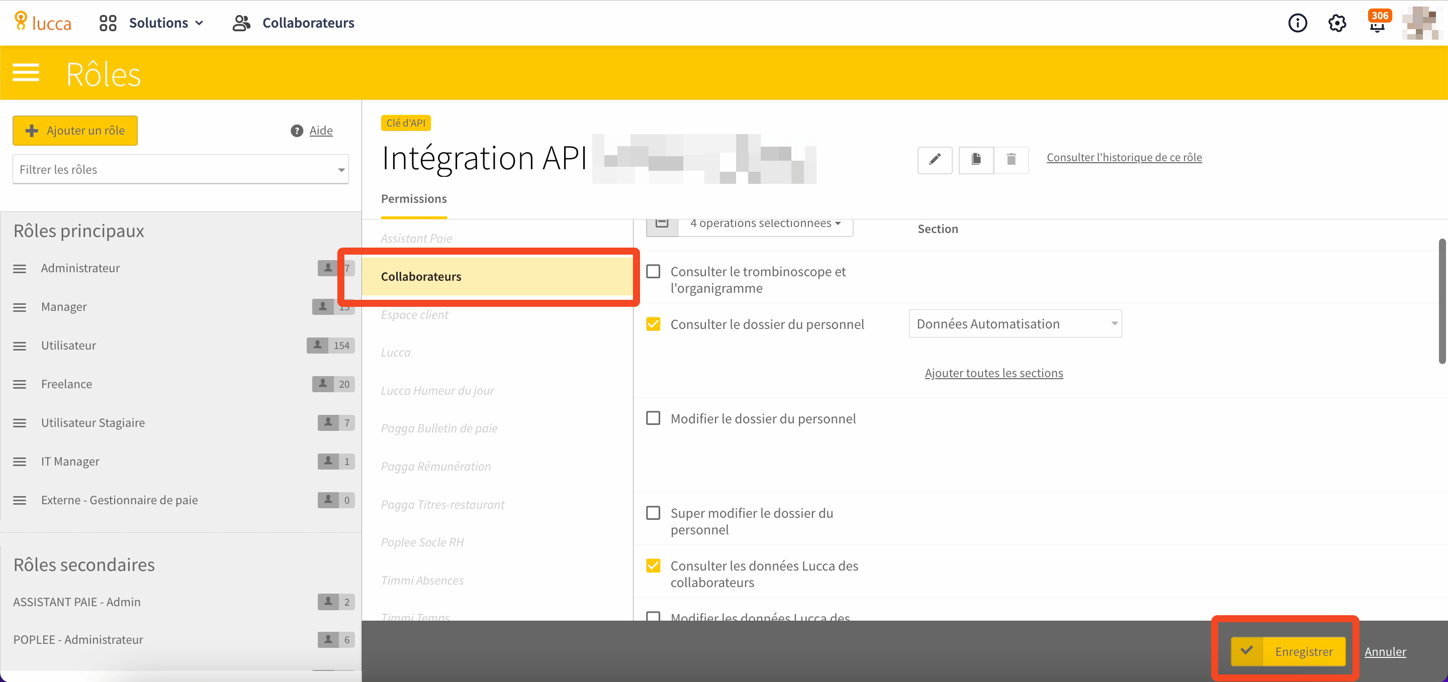 Lucca role permissions page with the Collaborateurs section and Save button highlighted