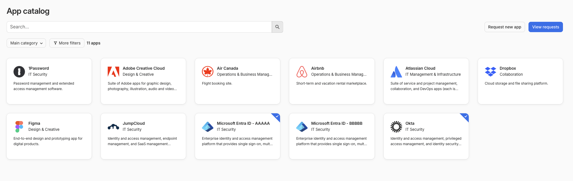SaaS Manager Applications page showing the search box, filters, and app cards